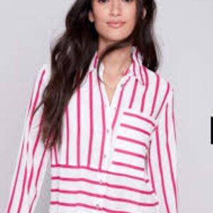 This is a Charlie B button-down rayon linen blend white and pink striped shirt S